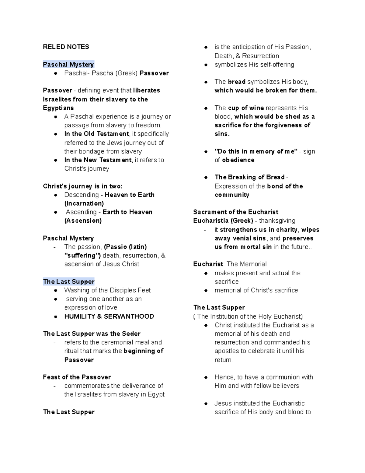 Reled Notes-2 - RELED NOTES Paschal Mystery Paschal- Pascha (Greek ...