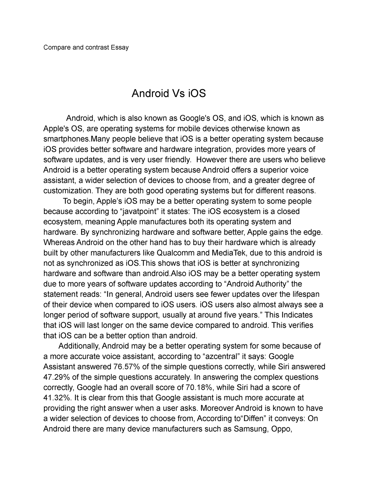compare and contrast essay between ios and android