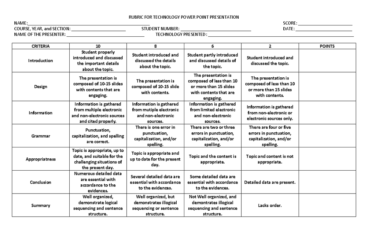 Rubrics - Lecture notes 1 - RUBRIC FOR TECHNOLOGY POWER POINT ...