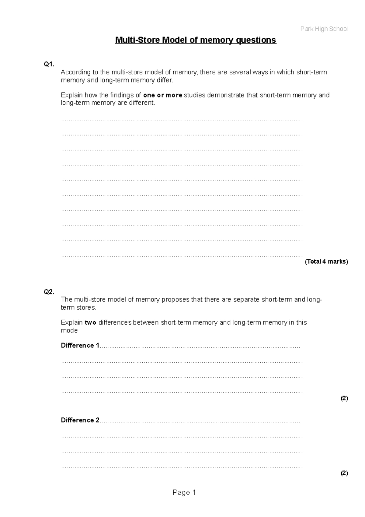 Multi store model of memory questions - Multi-Store Model of memory ...