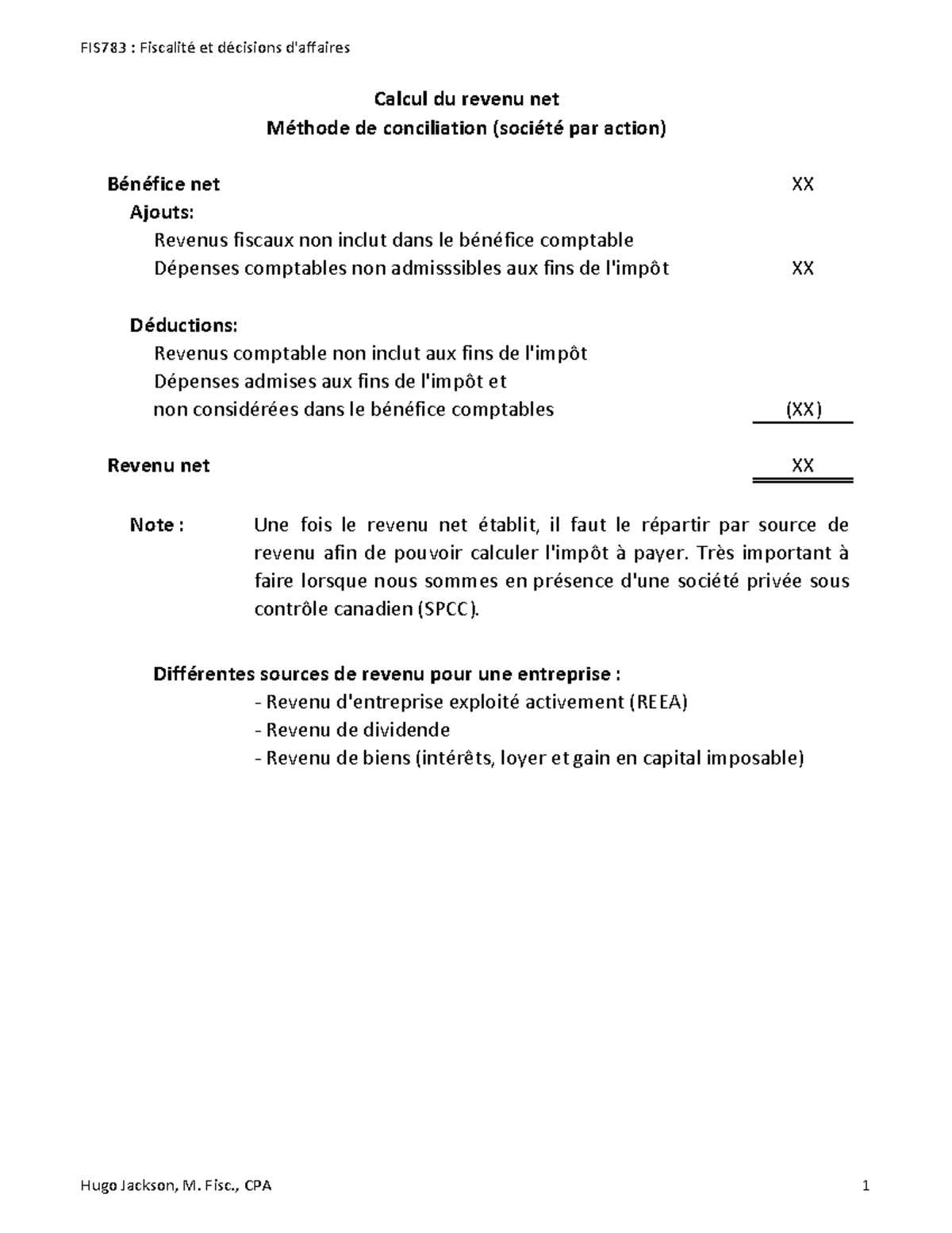 Annexe fiscalité FIS783 Fiscalité et décisions d'affaires Calcul
