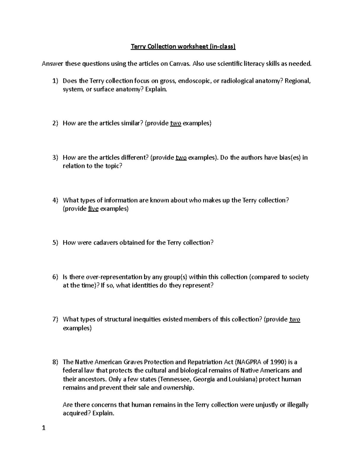 Terry Collection worksheet inclass - Terry Collection worksheet (in