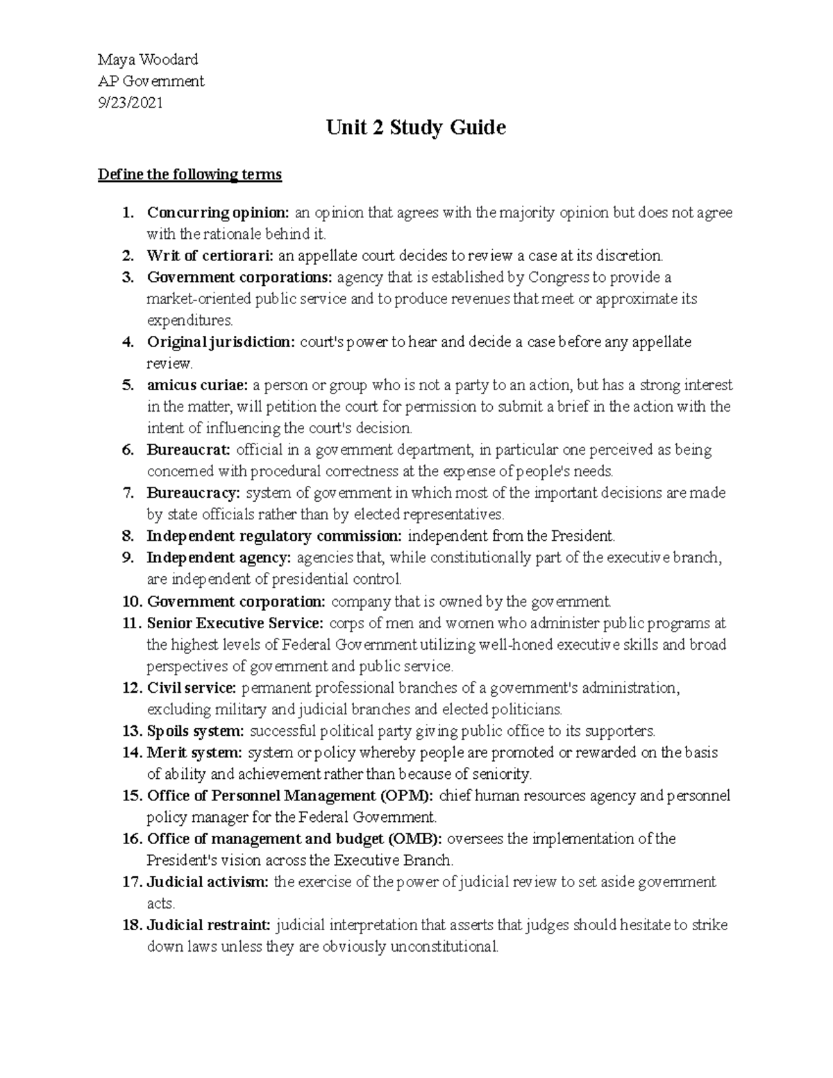 Unit 2 Study Guide Government AP Government 9 23 Unit 2 Study Guide 