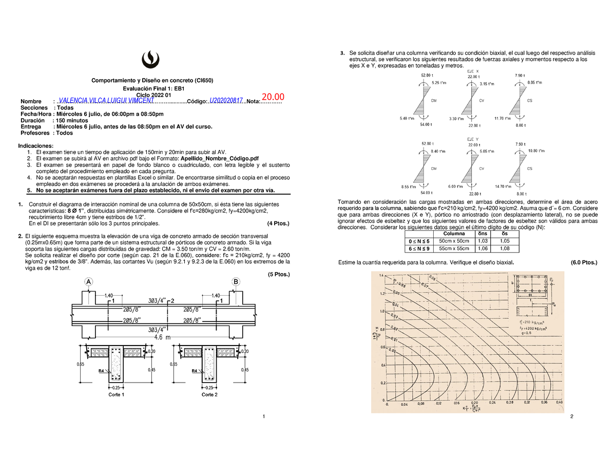 Examen Concreto - 1 Comportamiento Y Diseño En Concreto (CI650 ...