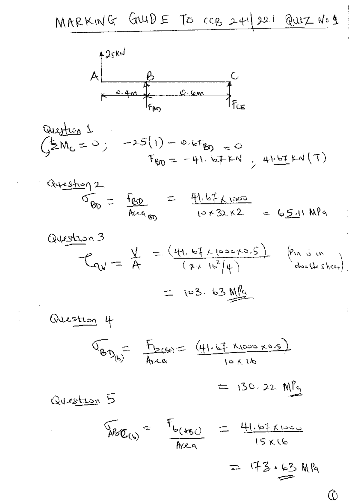CCB 241 QUIZ 1 Marking Guide 2024 - Mechanics of Materials - Studocu