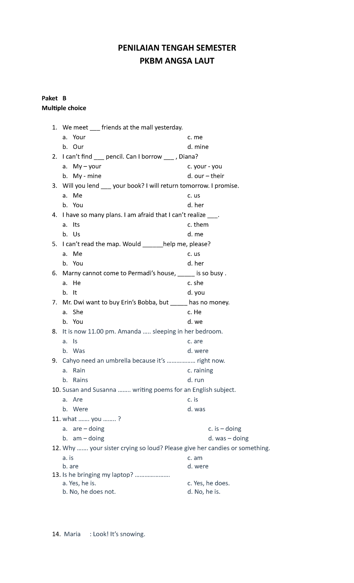 B. Inggris Ujian Kesetaraan Paket B - PENILAIAN TENGAH SEMESTER PKBM ...