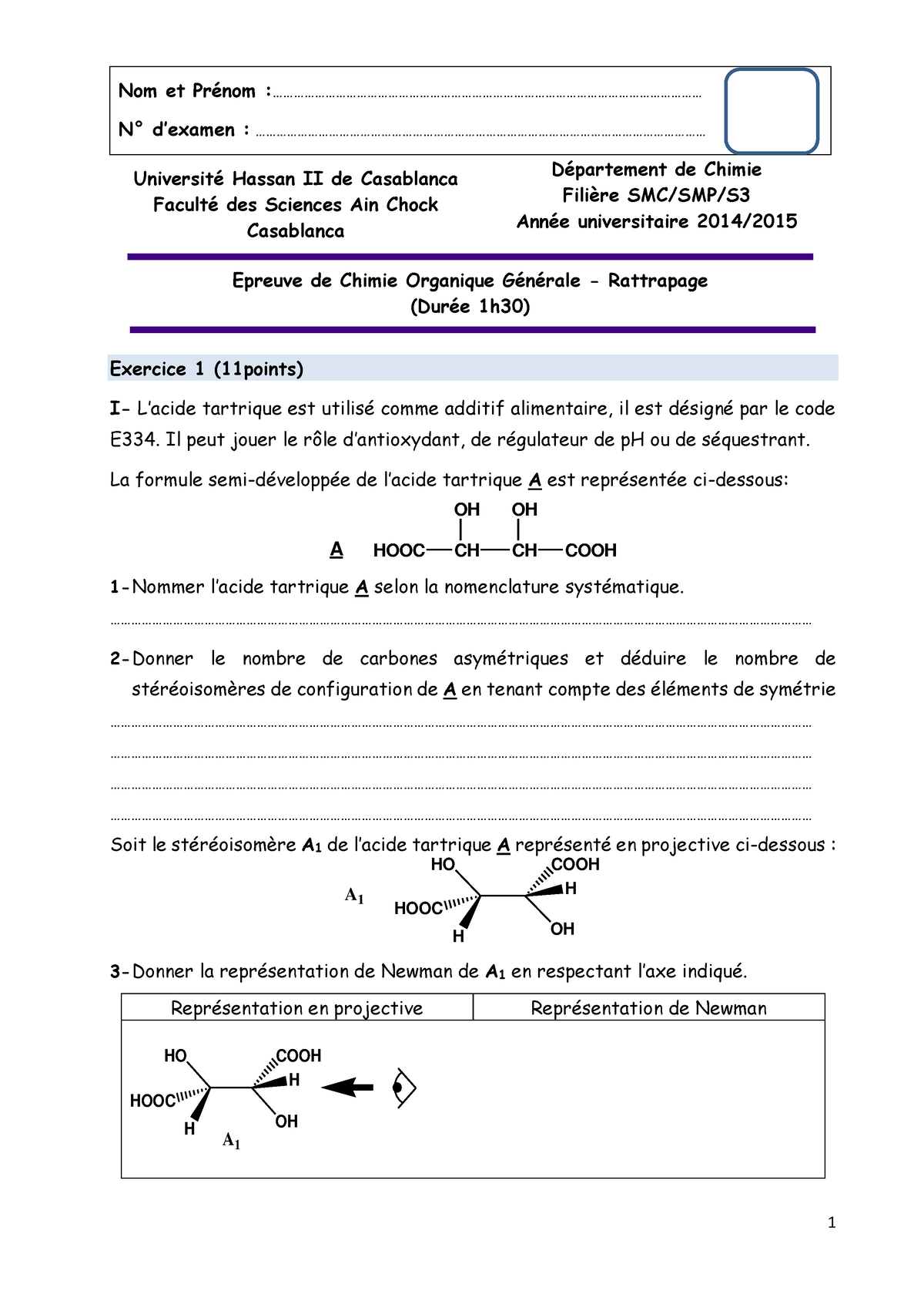 Examen De Chimie Organique - Nom Et Prénom - Studocu