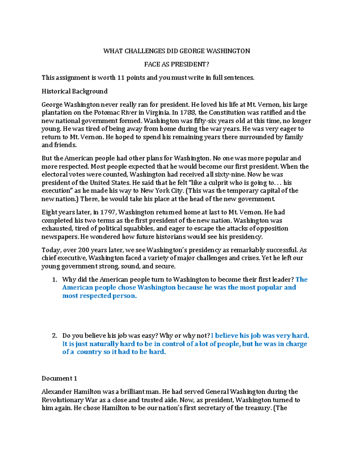 Washington Challenges DBQ WHAT CHALLENGES DID WASHINGTON FACE