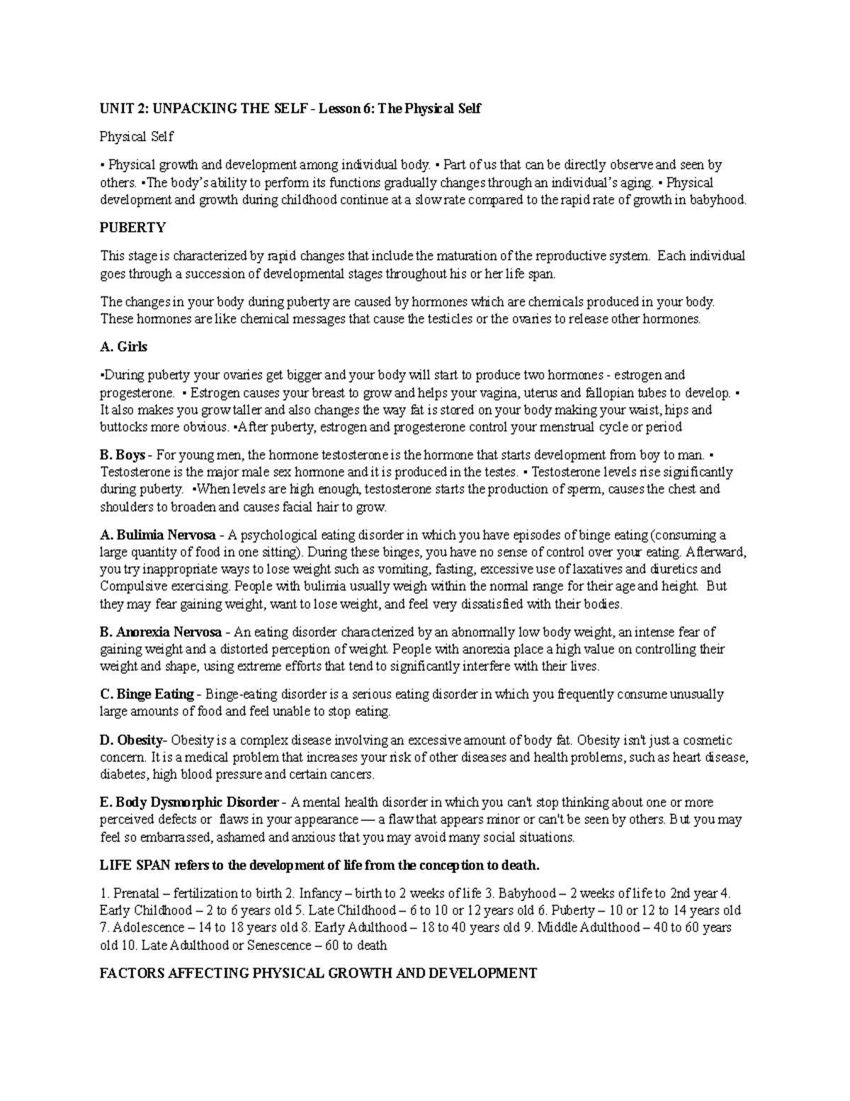 UNIT 2 Lecture notes 1 UNIT 2 UNPACKING THE SELF Lesson 6 The