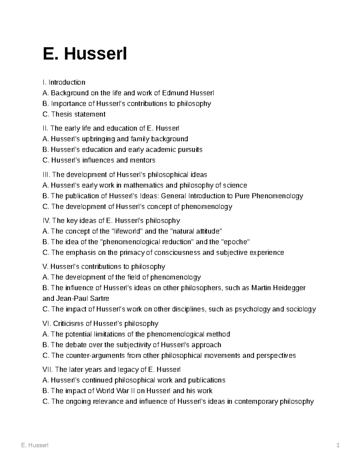 E.Husserl Outline - E. Husserl 1 E. Husserl I. Introduction A ...