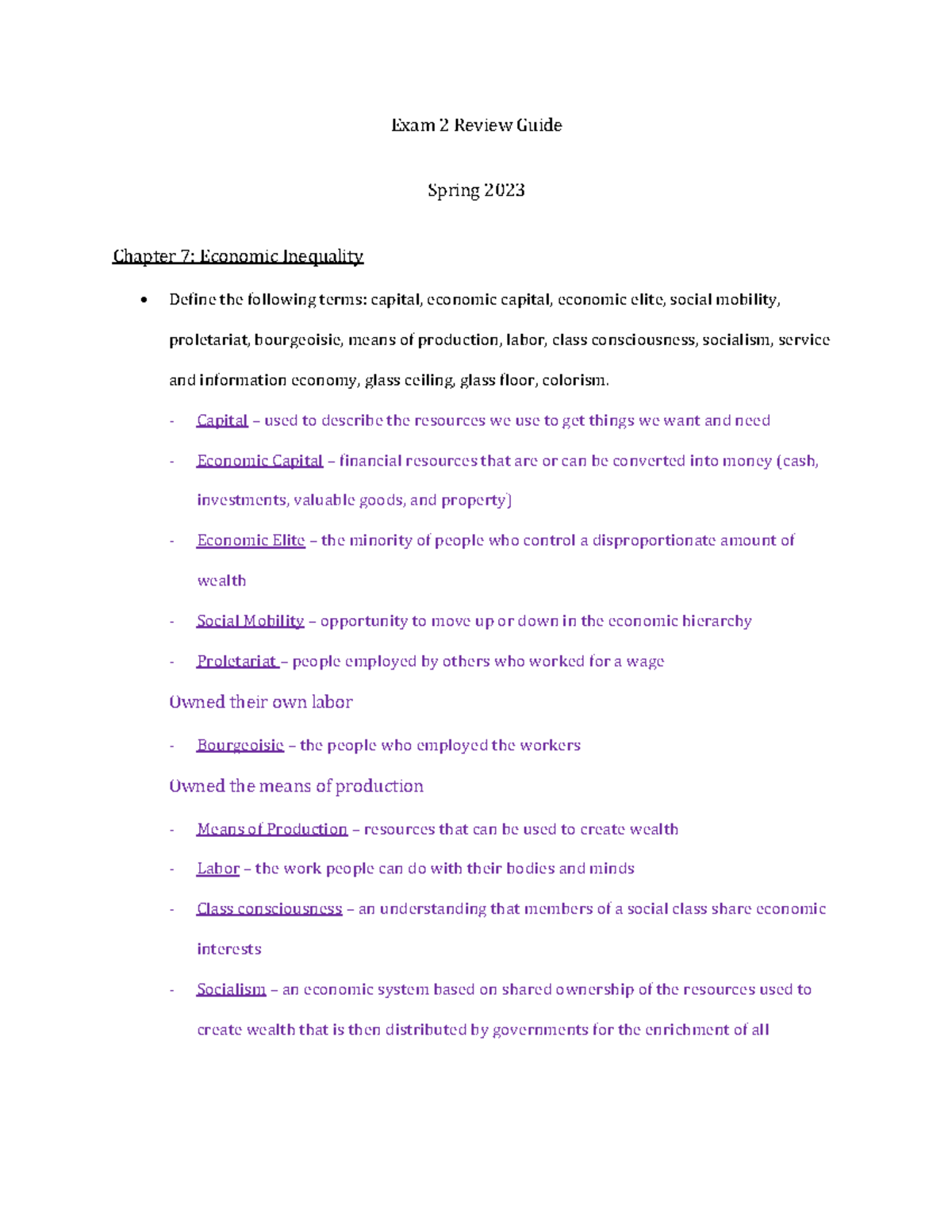 Exam 2 Review Guide Sociology - Exam 2 Review Guide Spring 2023 Chapter ...
