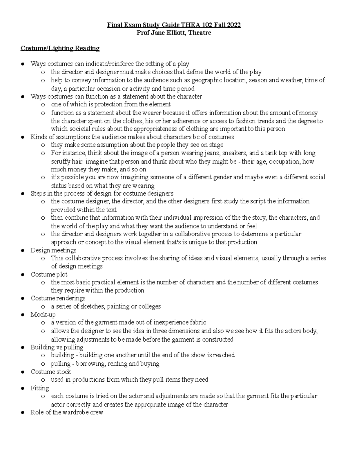 Final Study Guide THEA 102 Spring 2023 - Final Exam Study Guide THEA ...