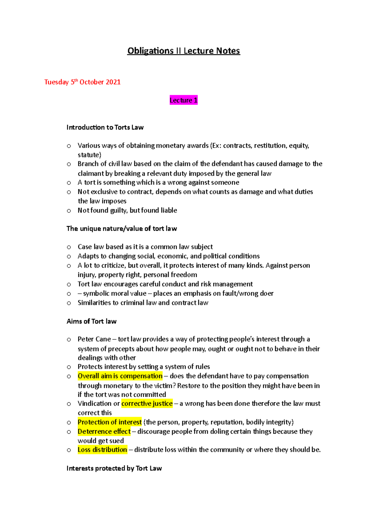 Obligations II Lecture Notes - Obligations II Lecture Notes Tuesday 5th ...