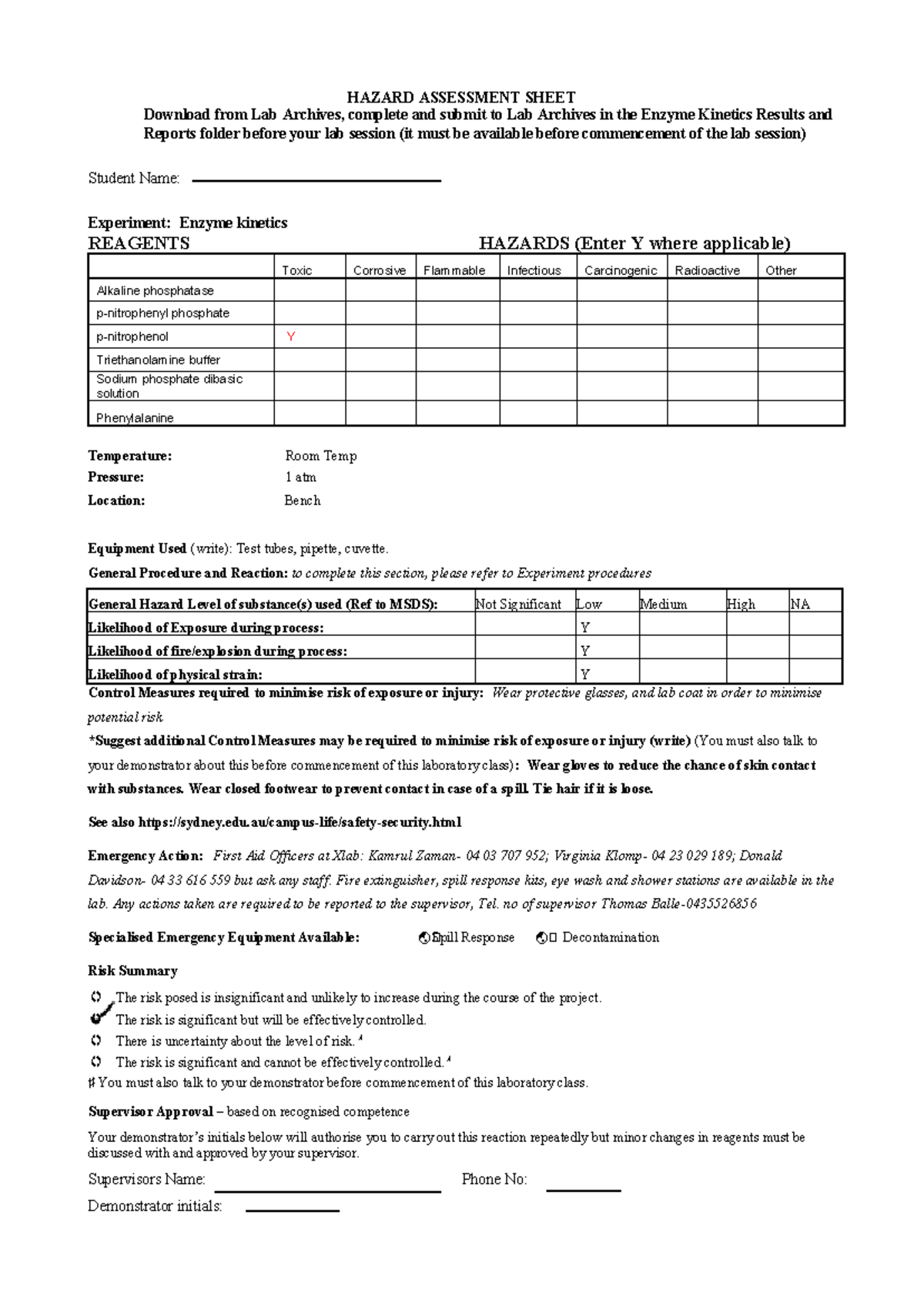 PHAR2811 Hazard assessment sheet - HAZARD ASSESSMENT SHEET Download ...