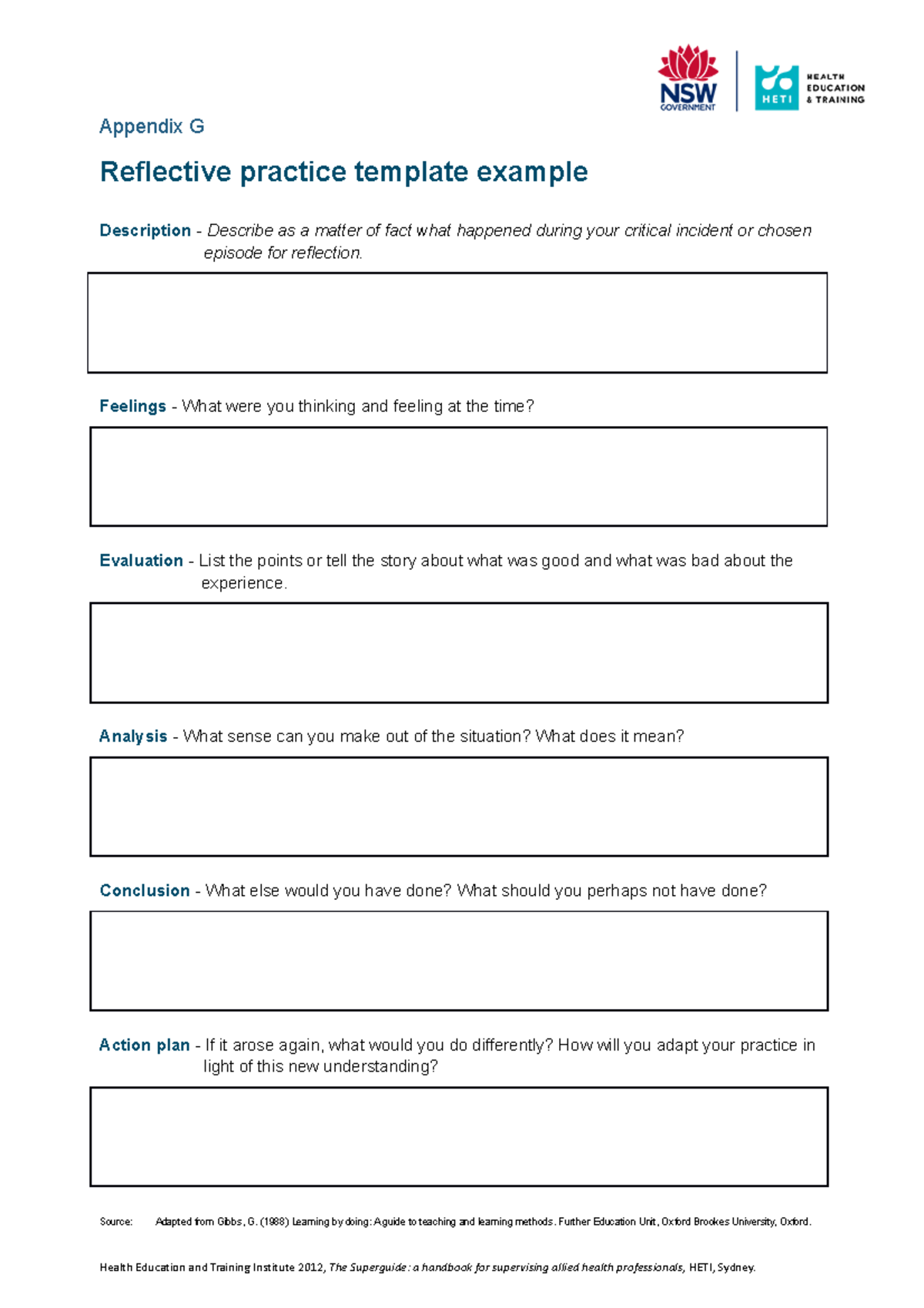 Reflective practice template example - Appendix G Reflective practice ...