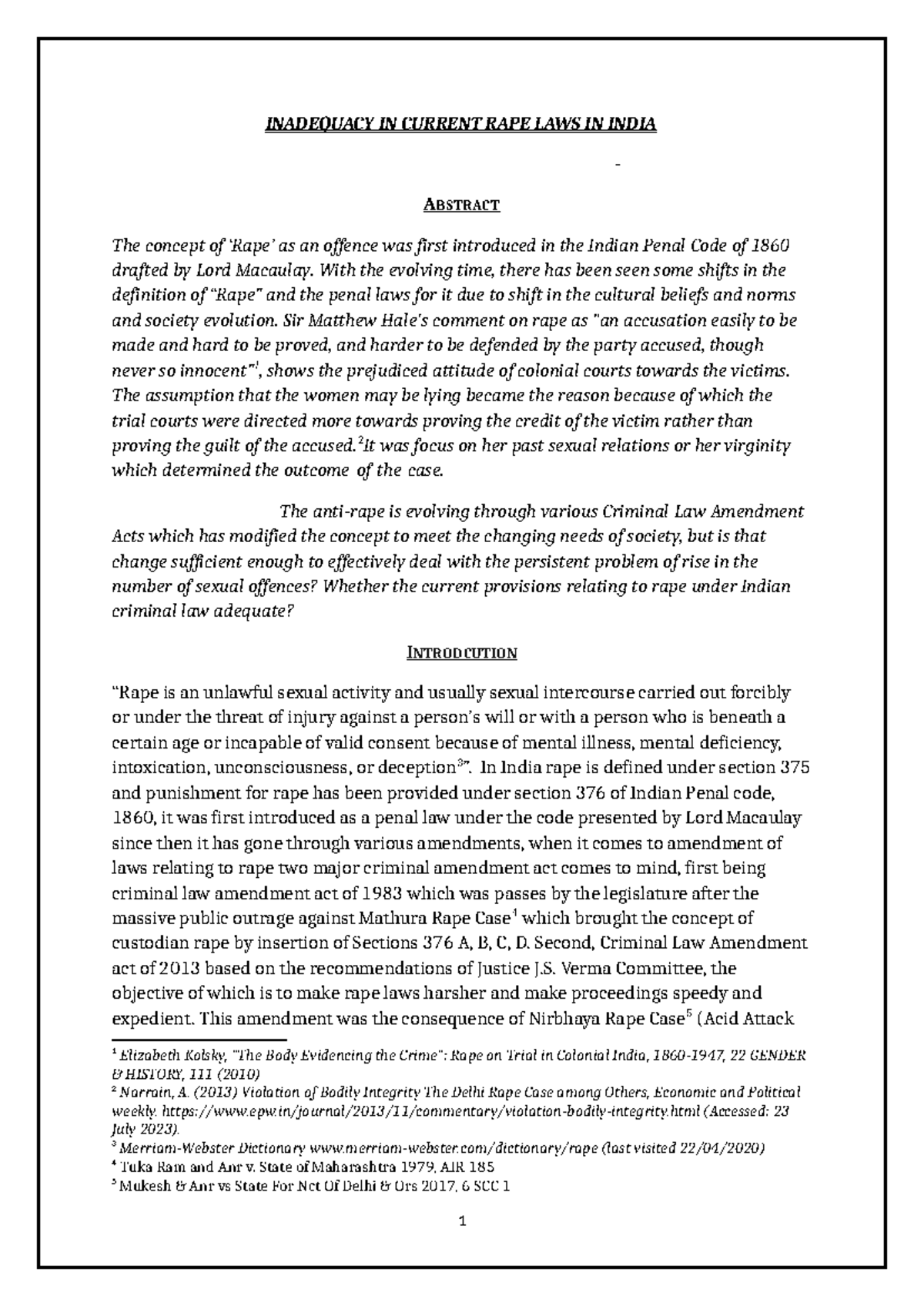 Inadequacy IN Current RAPE LAWS IN India - INADEQUACY IN CURRENT RAPE ...