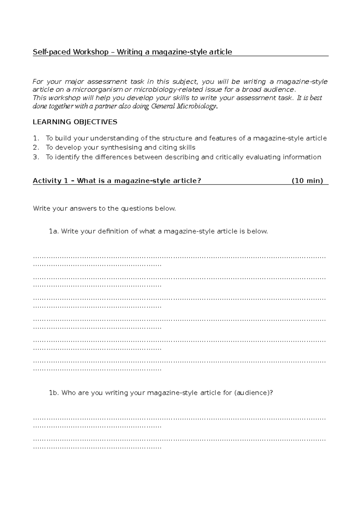 Magazine style article workshop - Self-paced Workshop – Writing a ...