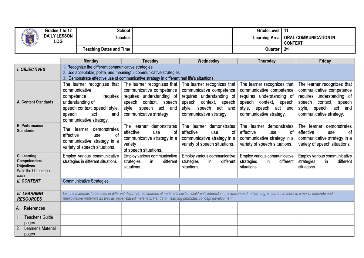 DLL-ORAL Communication Communicative Strategies - Grades 1 To 12 DAILY ...