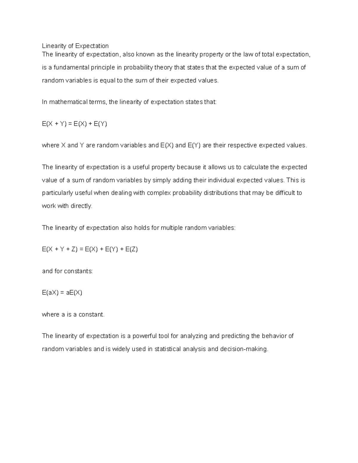 Linearity of Expectation - In mathematical terms, the linearity of ...