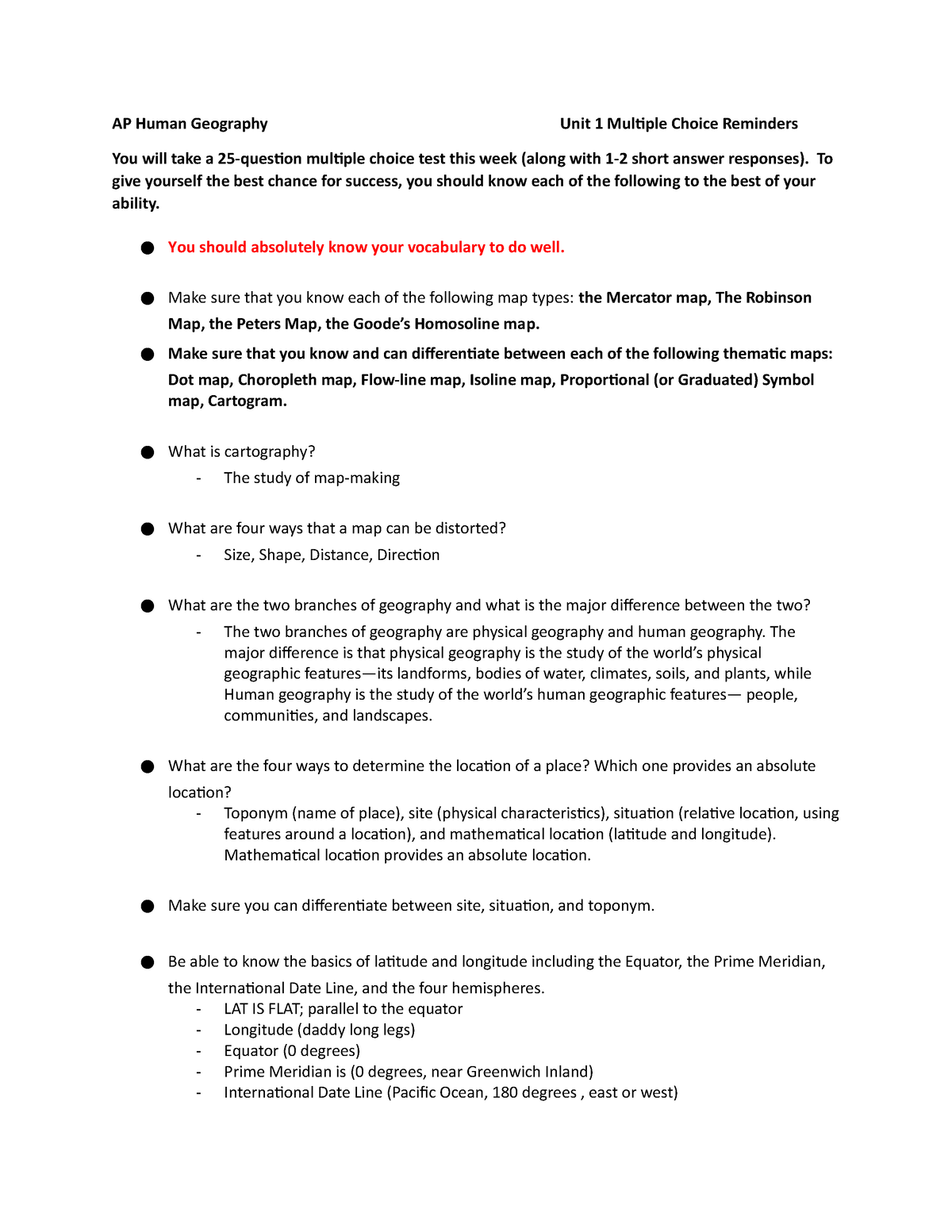 Ap Human Unit 1 Review Sheet Ap Human Geography Unit 1 Multiple Choice Reminders You Will Take 1777