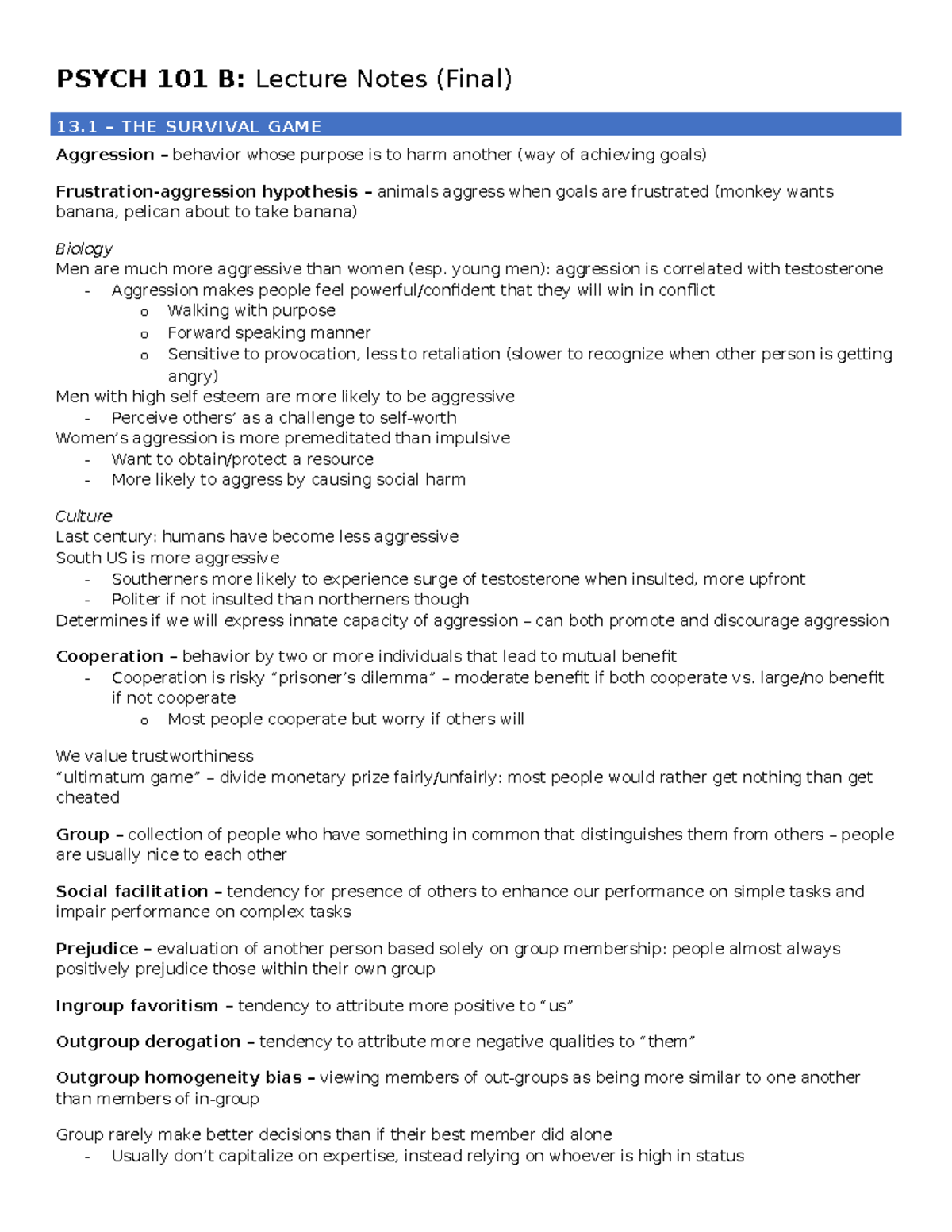 Lecture and Class Notes - Final - PSYCH 101 B: Lecture Notes (Final) 13 ...
