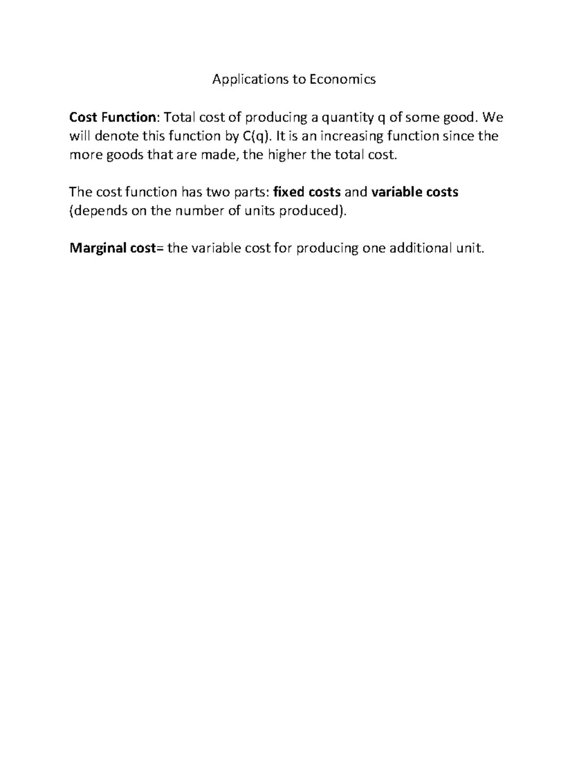 Application to Economics - Applications to Economics Cost Function ...