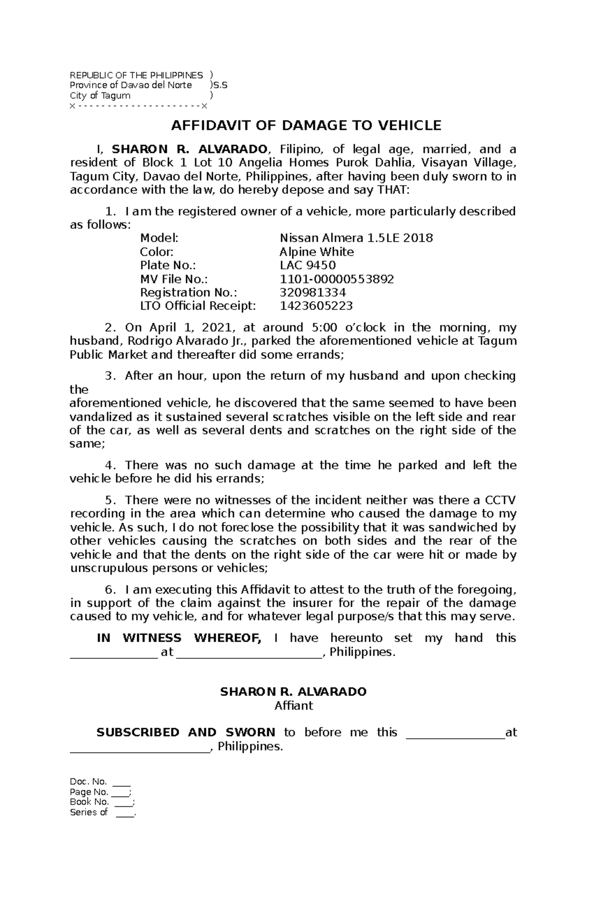 Affidavit of Damage Alvarado REPUBLIC OF THE PHILIPPINES ) Province