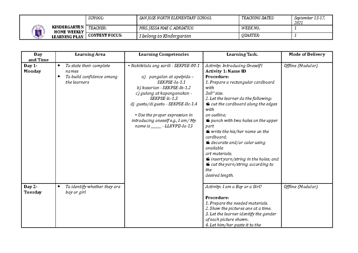 WHLP-week-1 - ENTREPRENEURSHIP - KINDERGARTEN HOME WEEKLY LEARNING PLAN ...