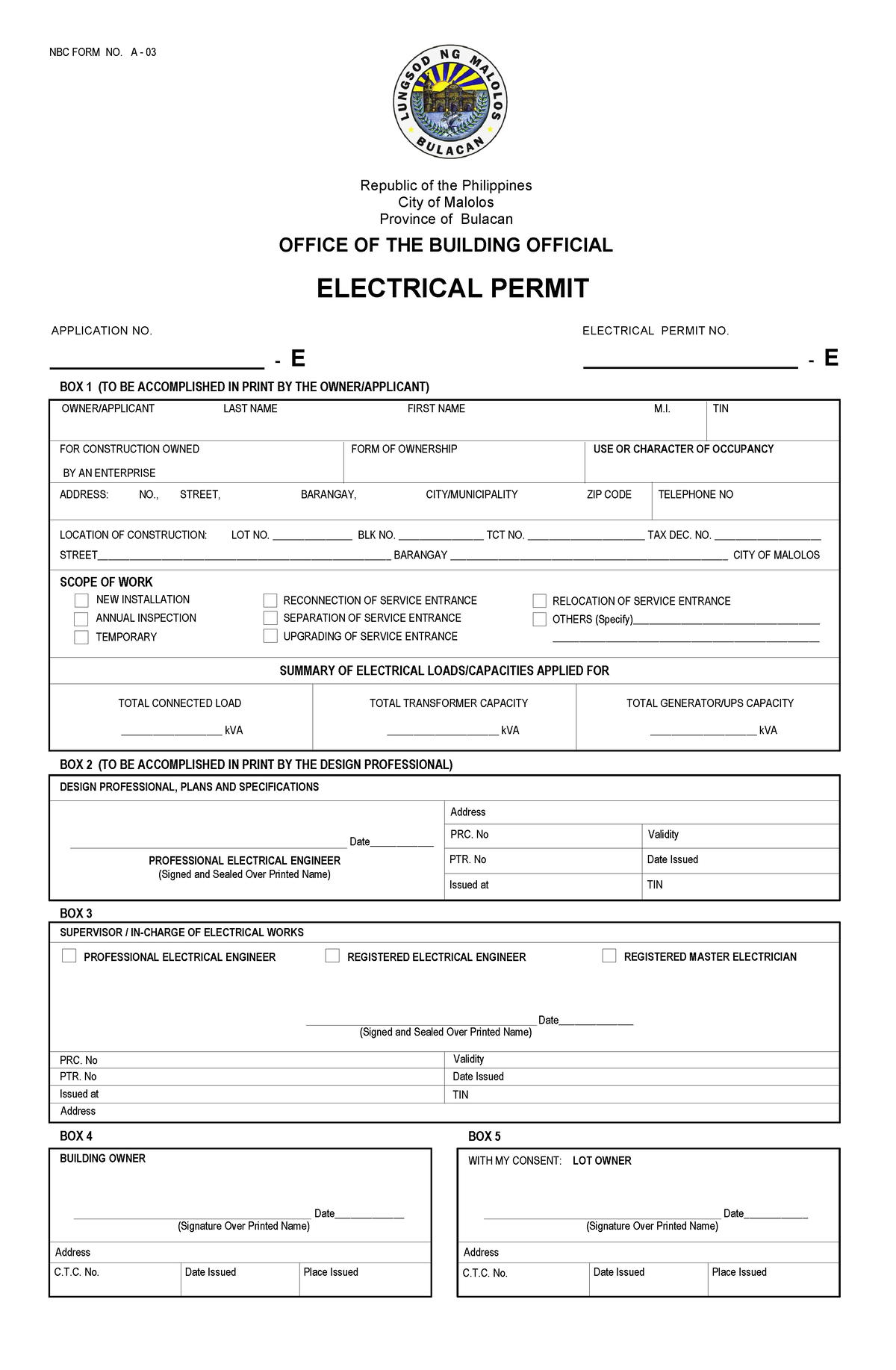 Electrical Permit front and back - NBC FORM NO. A - 03 Republic of the ...