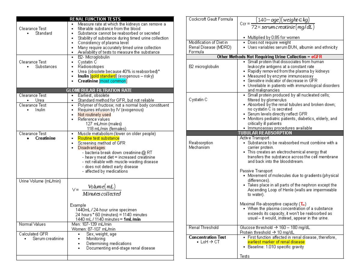 AUBF Notes MTAP - RENAL FUNCTION TESTS Clearance Test Standard Measure ...