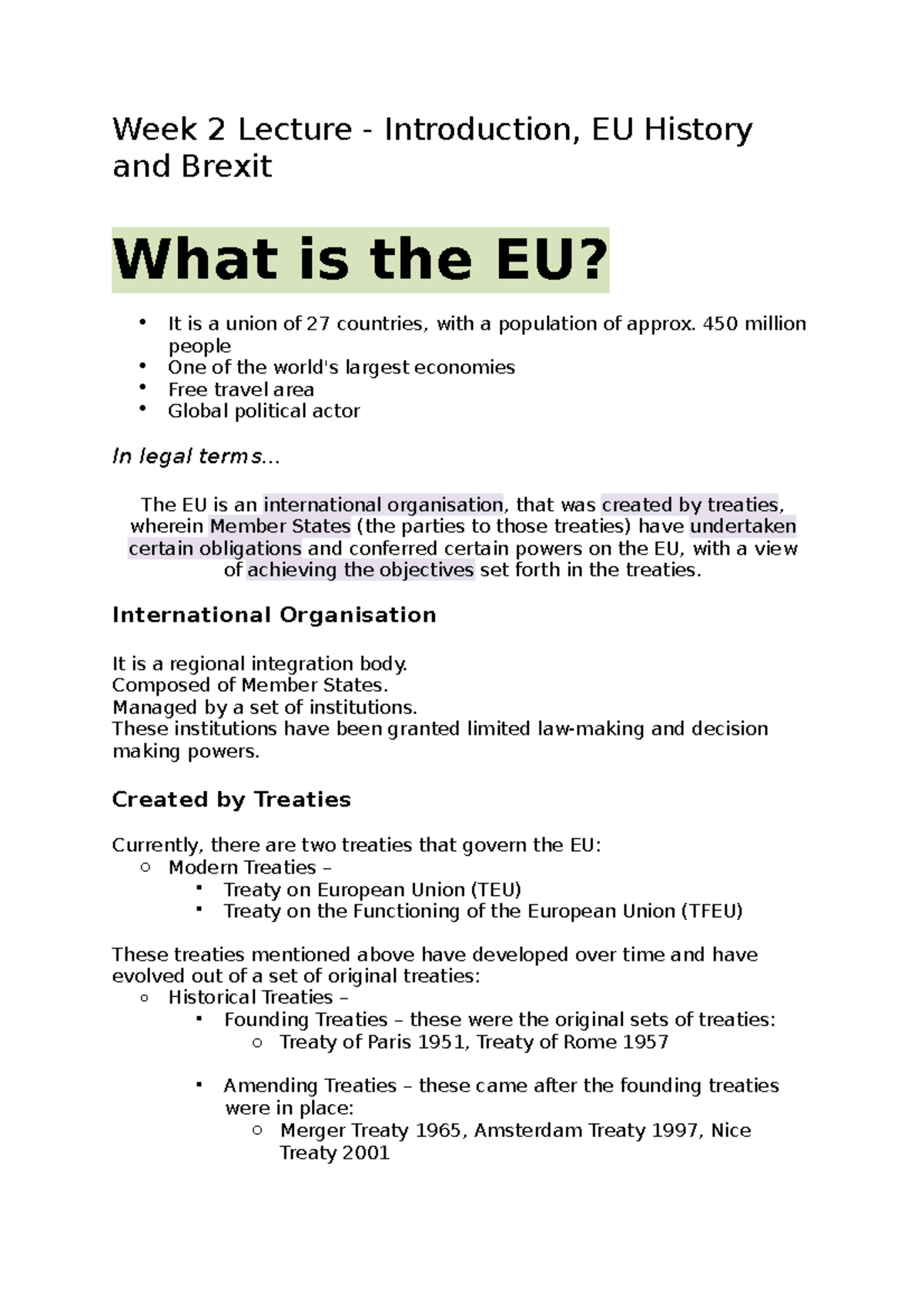 EU Law - Introduction, EU History and Brexit - Week 2 Lecture ...