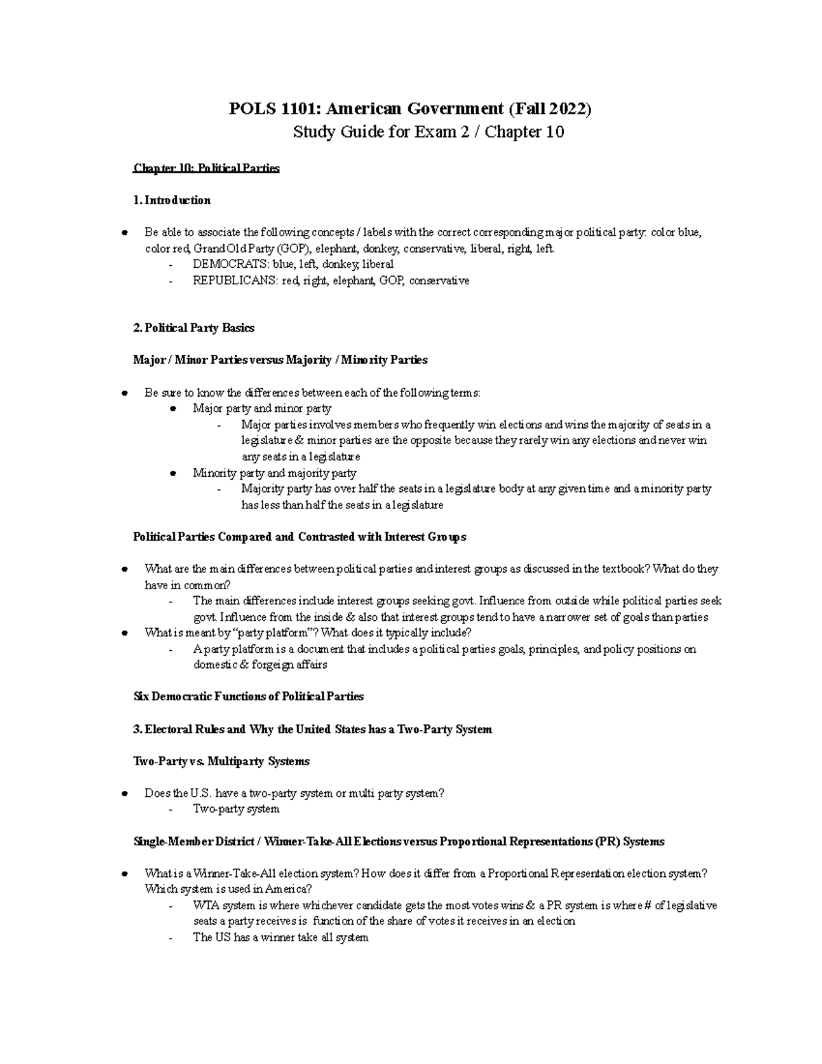 Chapter 10 Study Guide - POLS 1101: American Government (Fall 2022 ...