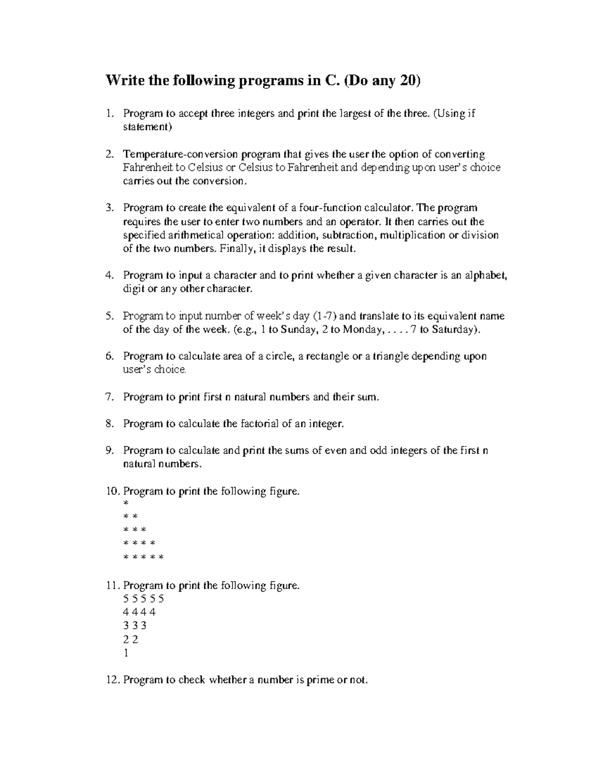 BCA 1st Sem Practical File - Write the following programs in C. (Do any ...