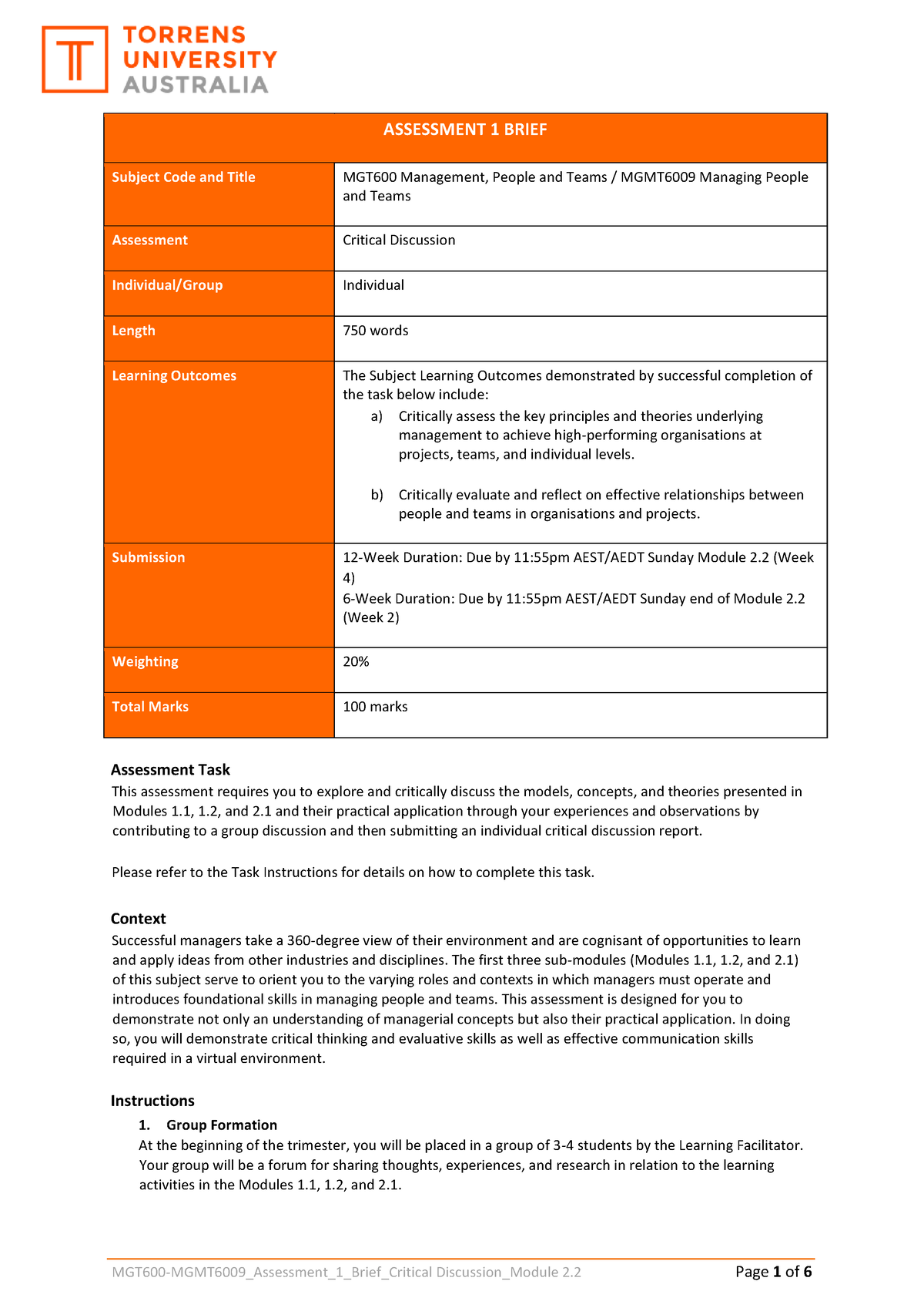 MGT600-MGMT6009 Assessment 1 Brief Critical Discussion 2 - ASSESSMENT 1 ...