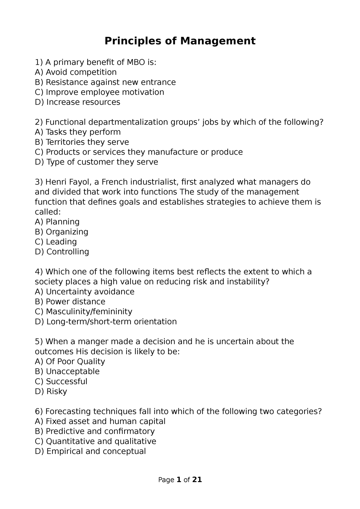 principles of management essay questions