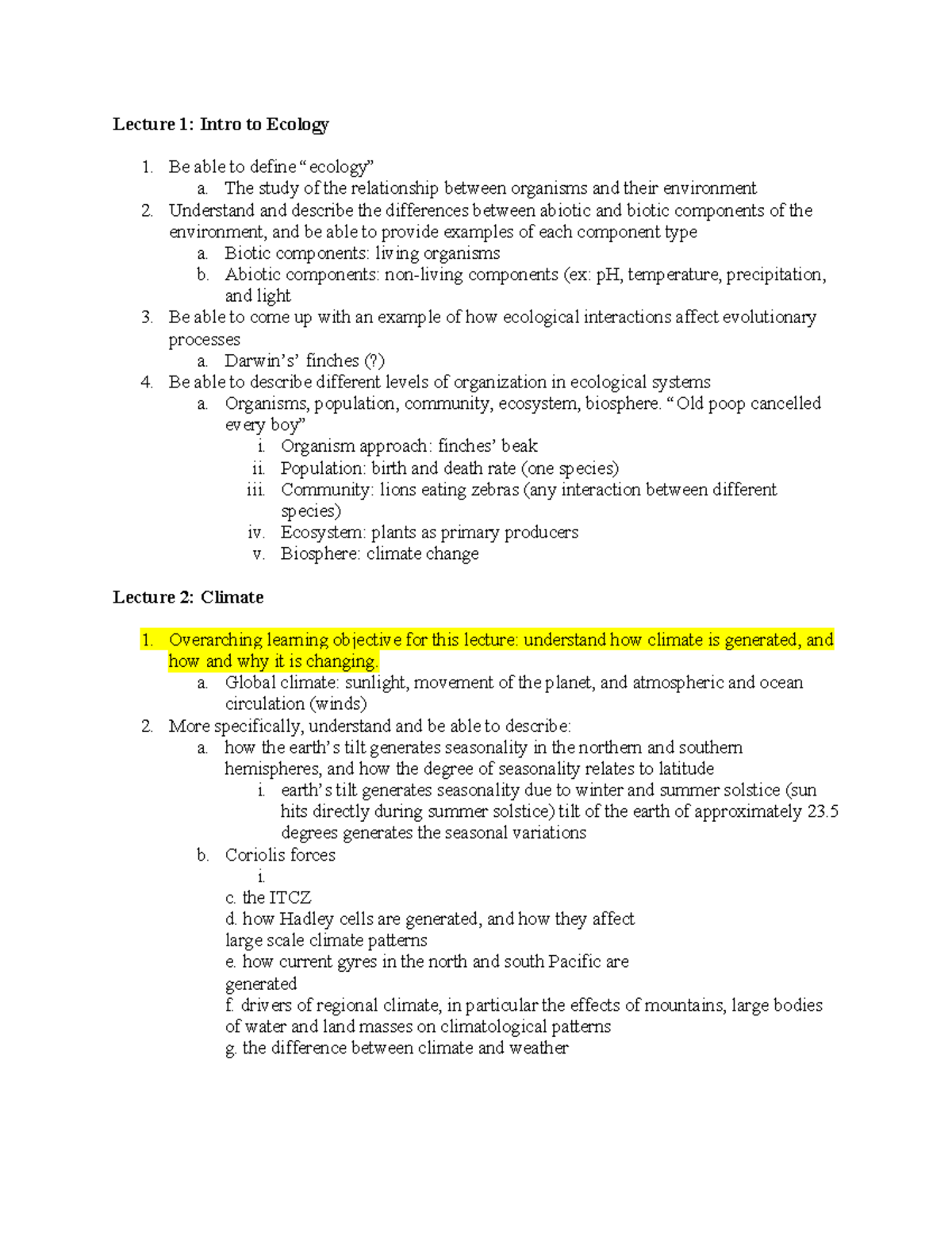 Ecology Exam LOs Part 1 Pdf - Lecture 1: Intro To Ecology Be Able To ...