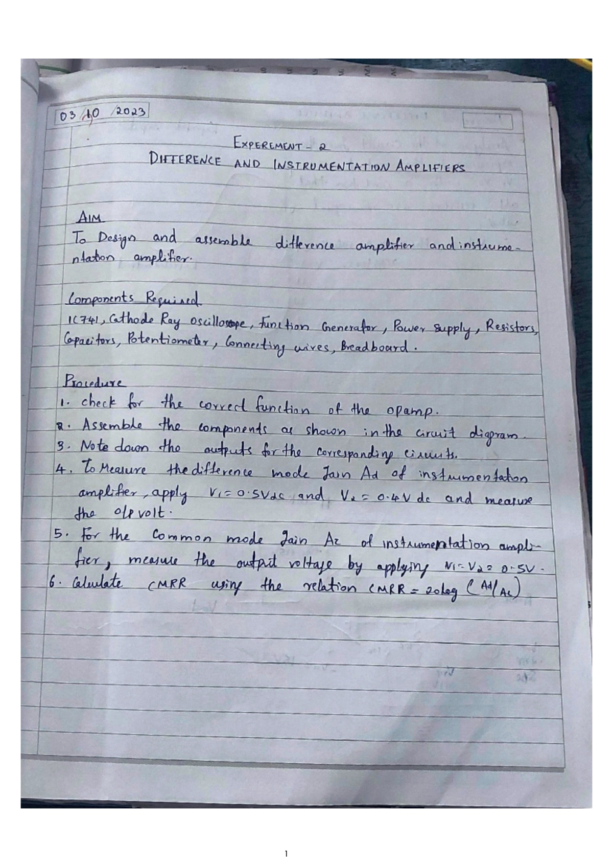 Lic expt 2 - Lab exp 2 - 2 DIFFERENCE AND INSTRUMENTATION AMPLIFIERS ...