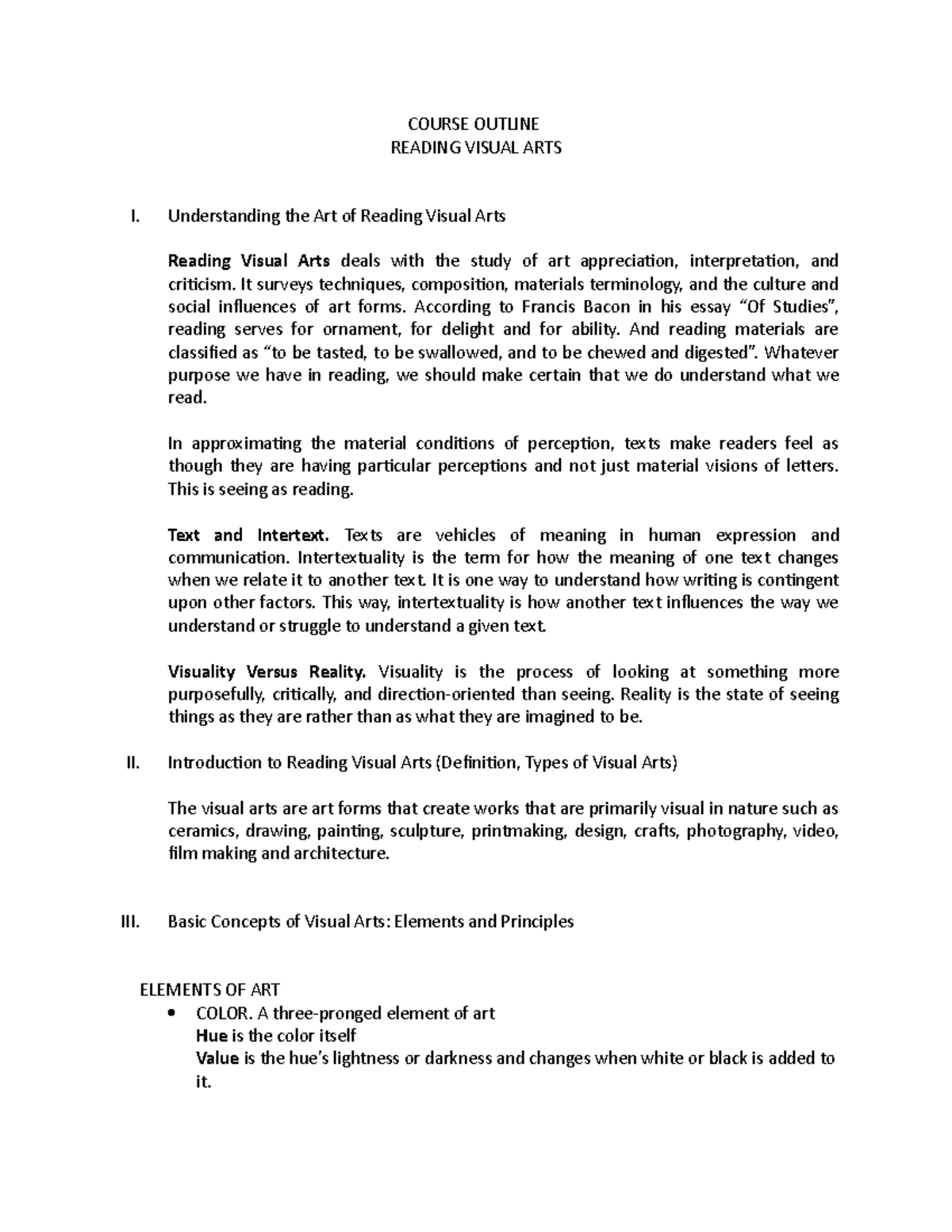 Visual Arts Course Outline