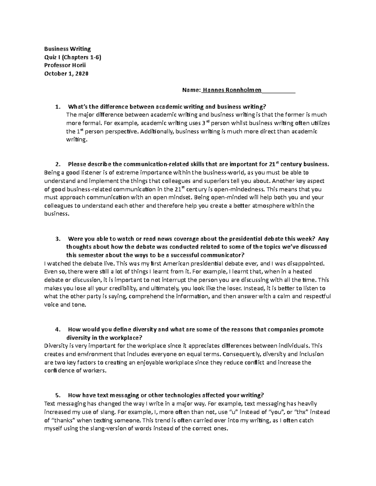Business Writing Quiz I Fall 2020 Business Writing Quiz I (Chapters 1