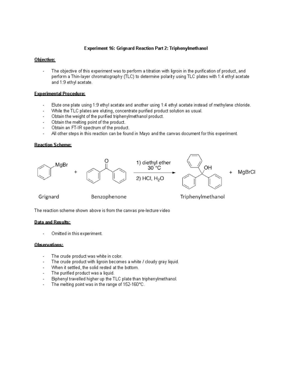 Organic Chemistry 2 Lab 5 Experiment 16 Grignard Reaction Part 2