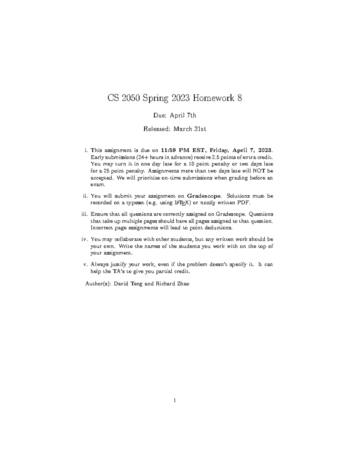 Homework 8 - CS 2050 Spring 2023 Homework 8 Due: April 7th Released ...