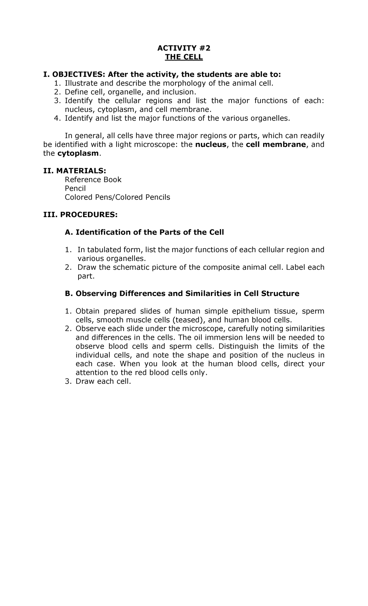 MTCC01 Activity 2 - Activities - ACTIVITY # 2 THE CELL I. OBJECTIVES ...