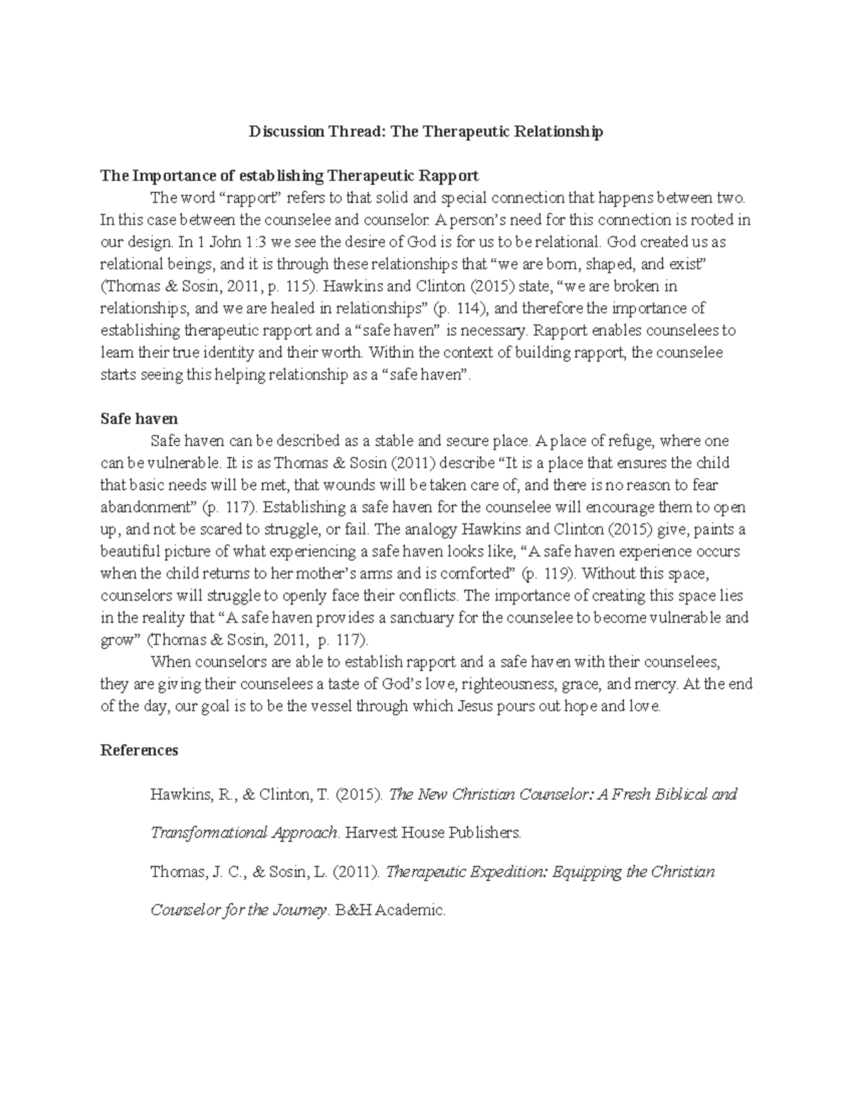 Discussion Thread Therapeutic Relationships 617 - Discussion Thread ...
