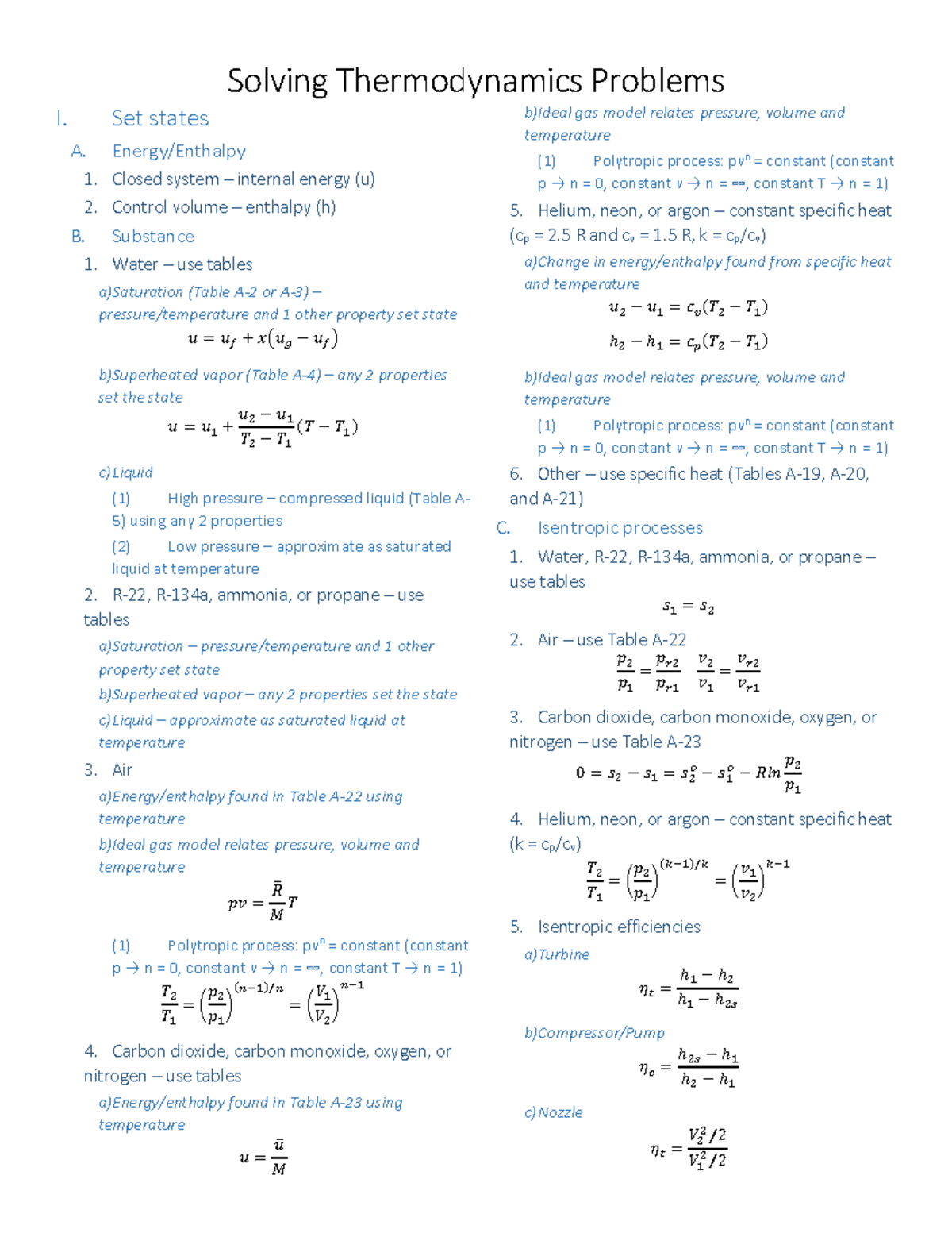 Thermo flow chart - Solving Thermodynamics Problems I. Set states A ...