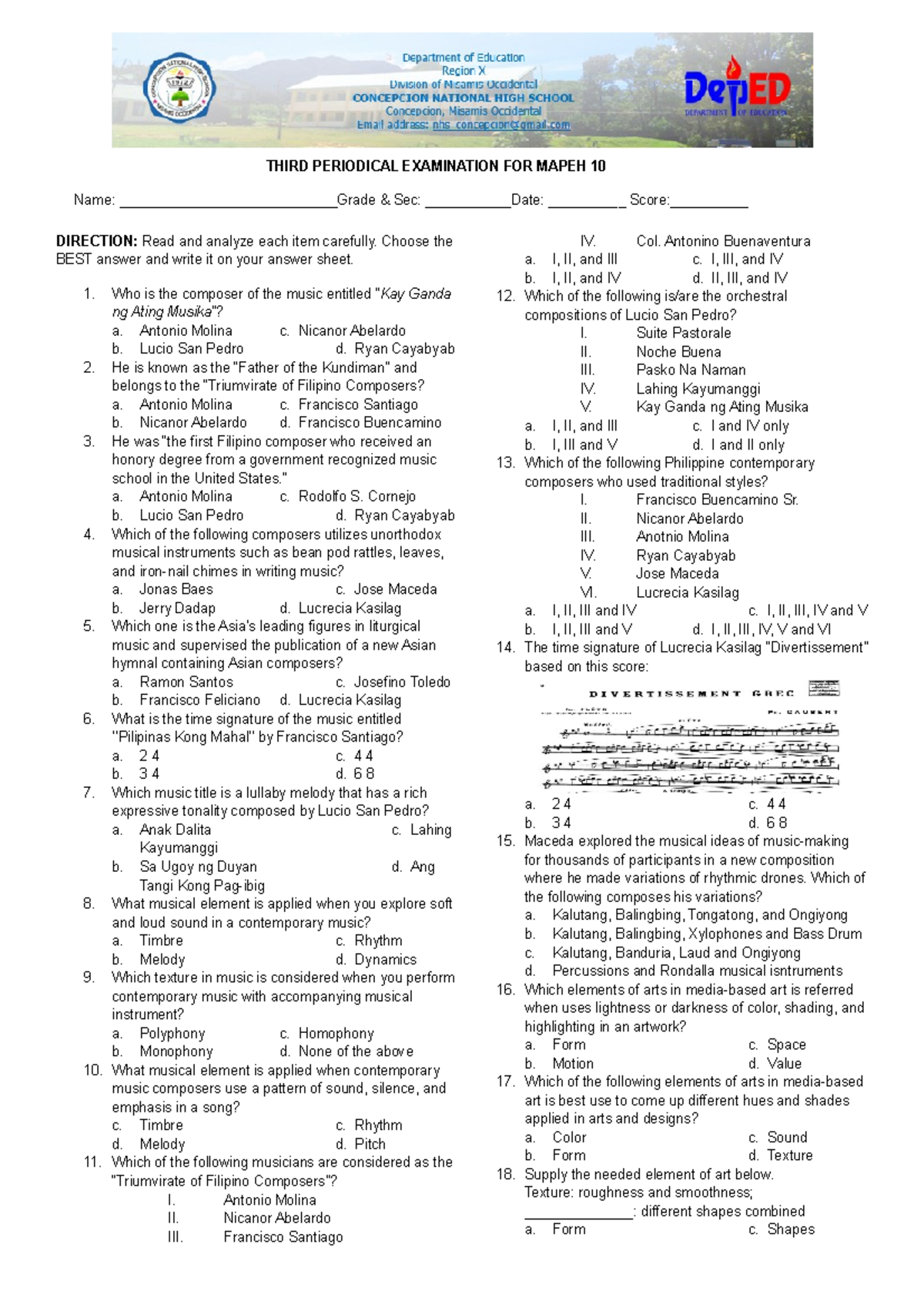 3RD Periodical Test Mapeh 10 (Test Questionnaire) - DIRECTION: Read And ...