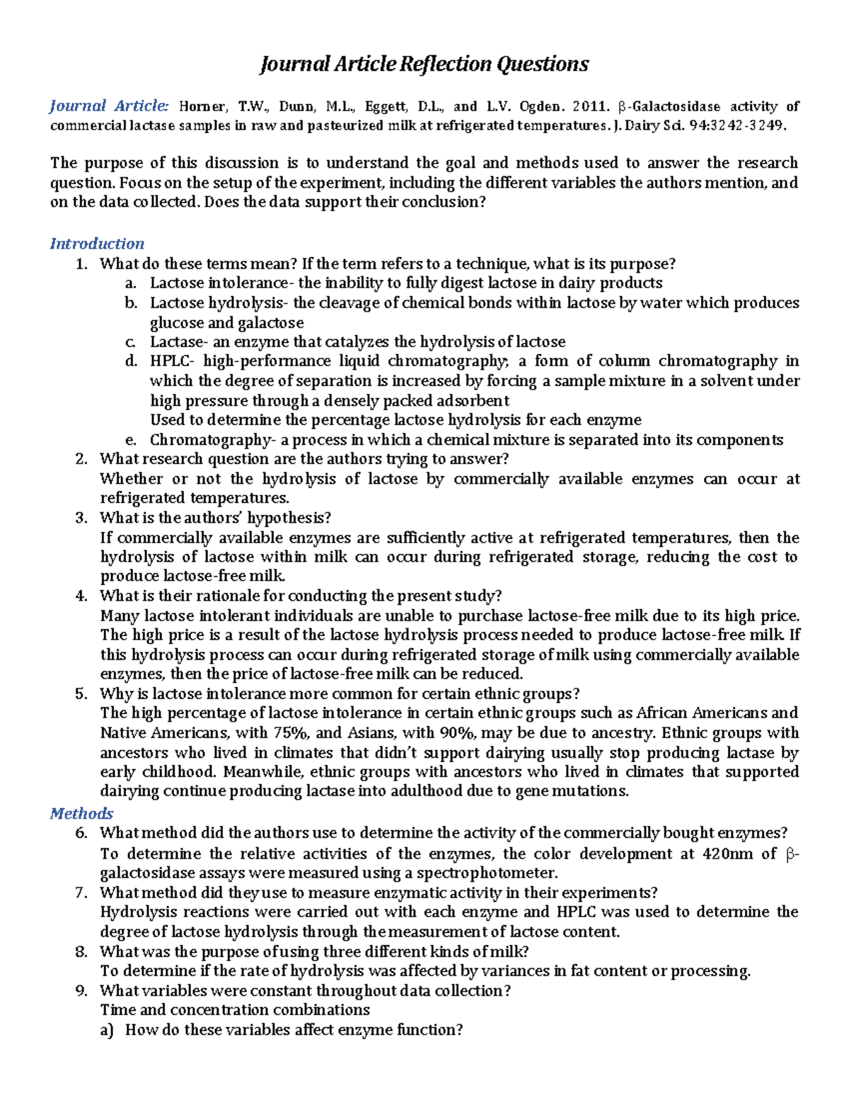 Enzyme Activity Article Reflection Qs - Journal Article Reflection ...