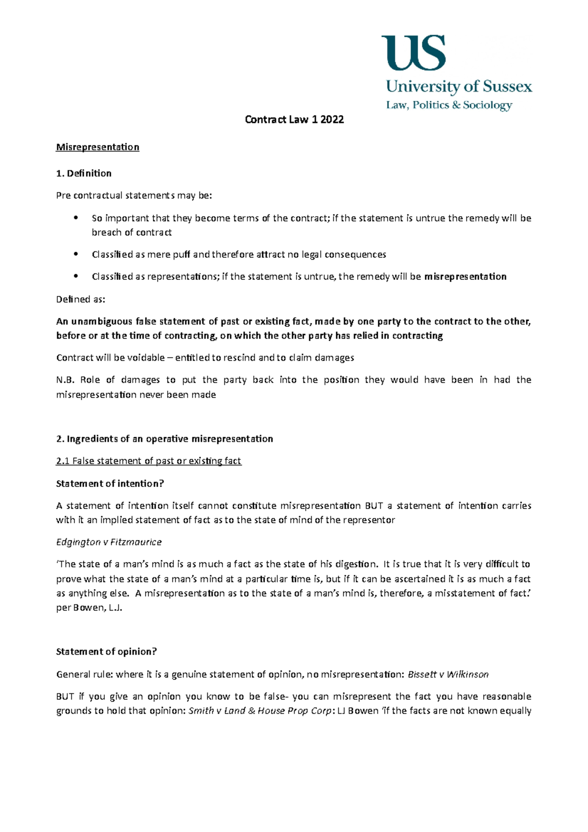 Misrepresentation Lecture 22 Contract Law 1 2022 Misrepresentation