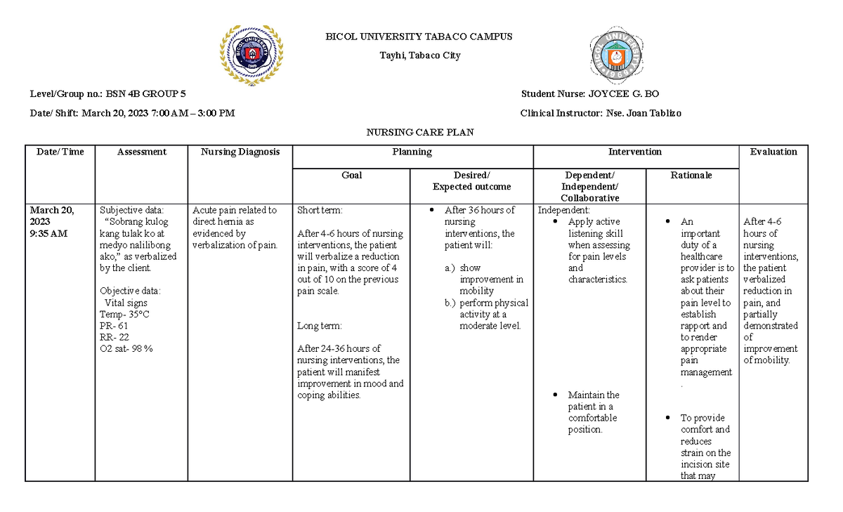 Bo, Joycee NCP - SAMPLE NCP - BICOL UNIVERSITY TABACO CAMPUS Tayhi ...