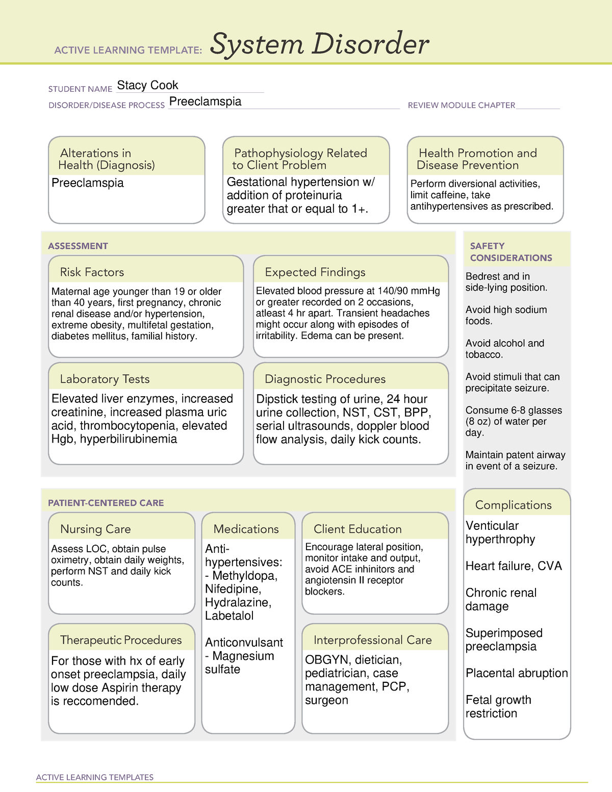 ATI System Disorder Preeclampsia ACTIVE LEARNING TEMPLATES System