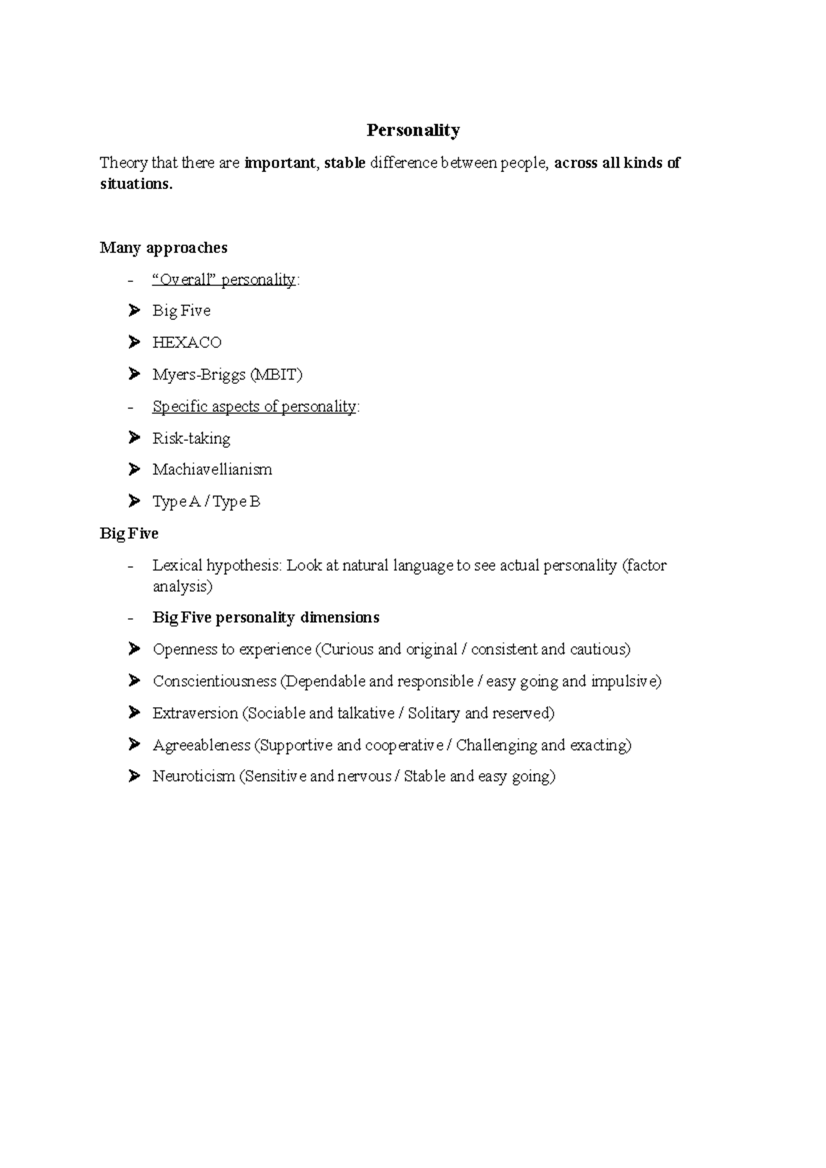 Personality lecture notes - Personality Theory that there are important ...